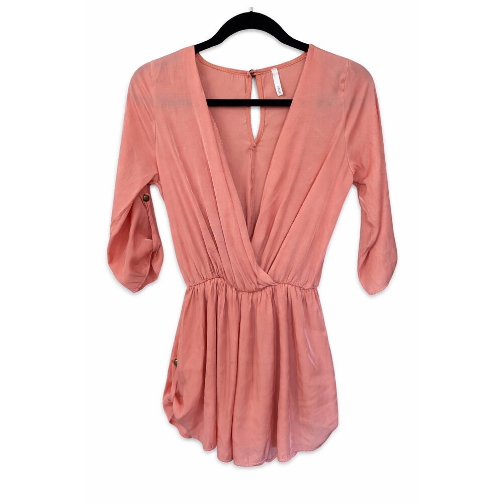 Sage The Label Coral Romper Small Surplice Boho Resort Vacation Pink 3/4 Sleeve